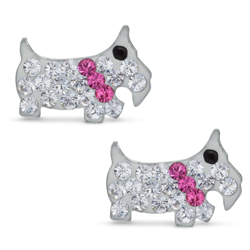 Child's Pink, Black and White Crystal Scottie Dog Stud Earrings in Sterling Silver