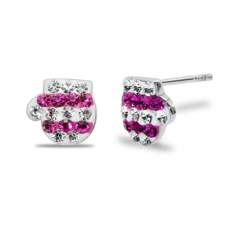 Child's Pink and White Crystal Mittens Stud Earrings in Sterling Silver
