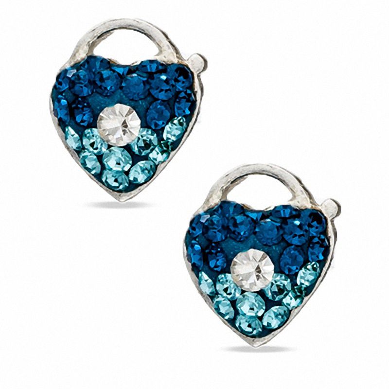 Child's Multi-Blue Crystal Heart Lock Stud Earrings in Sterling Silver