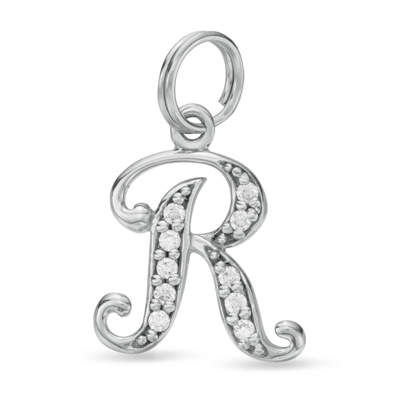 Cubic Zirconia Calligraphy Initial "R" Bracelet Charm in Sterling Silver