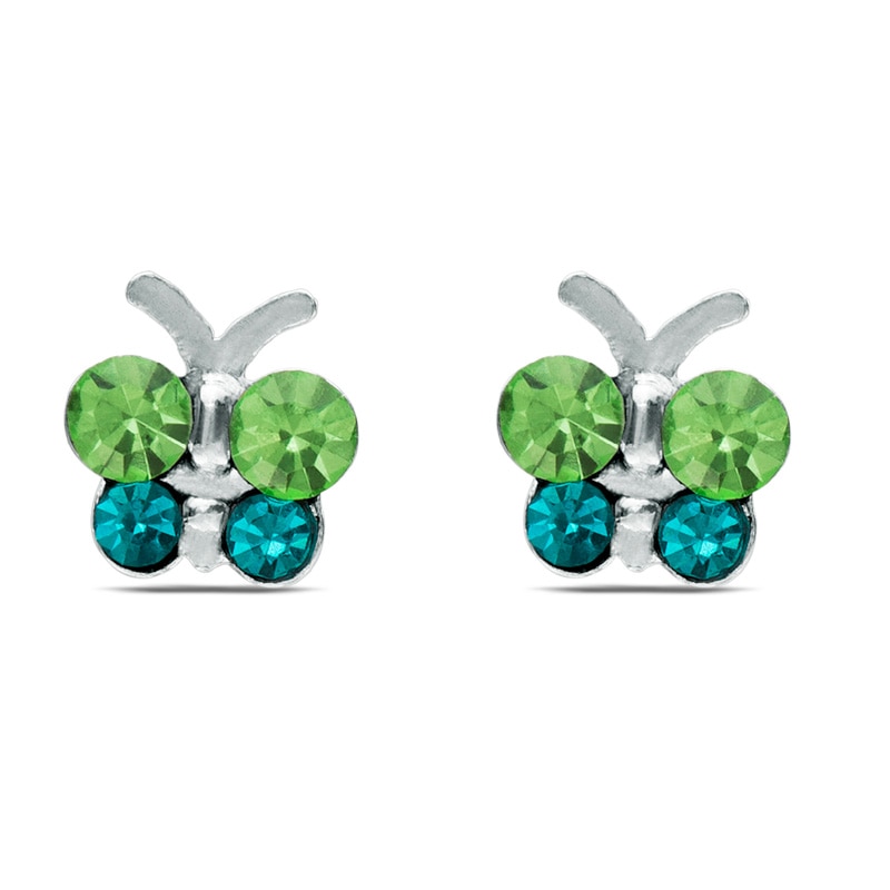 Child's Blue and Green Crystal Butterfly Stud Earrings in Sterling Silver