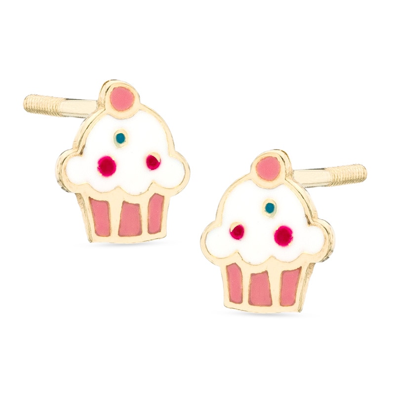 Child's Red Enamel Cupcake Stud Earrings in 10K Gold
