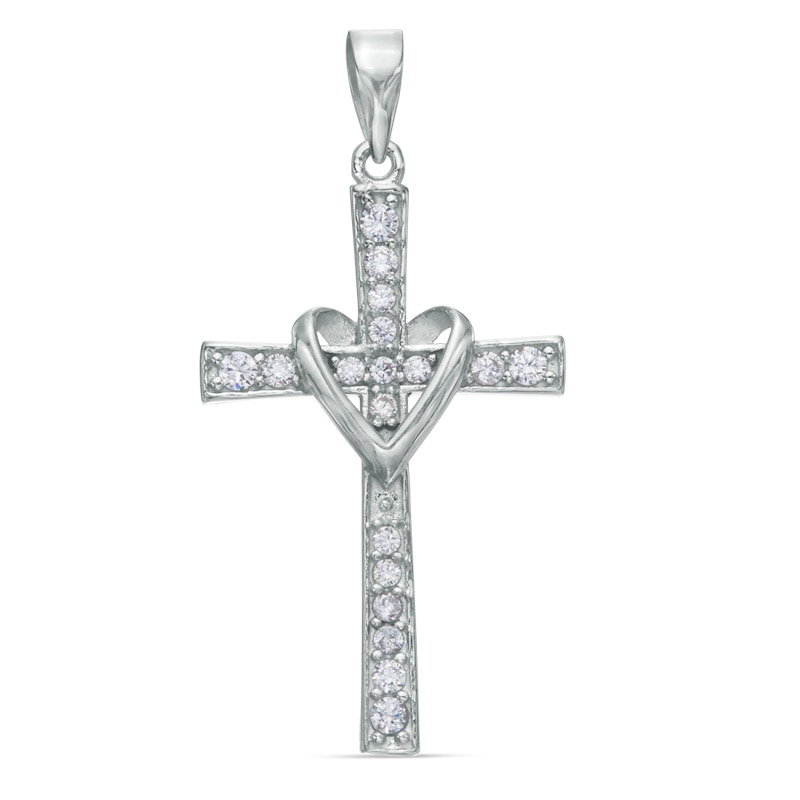 Cubic Zirconia Heart Wrapped Cross Charm in Sterling Silver
