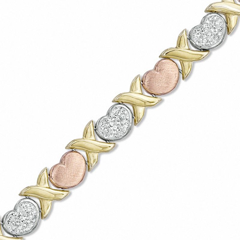 Crystal Accent "X" and Heart Stampato Bracelet in 10K Tri-Tone Gold Bonded Sterling Silver - 7.25"