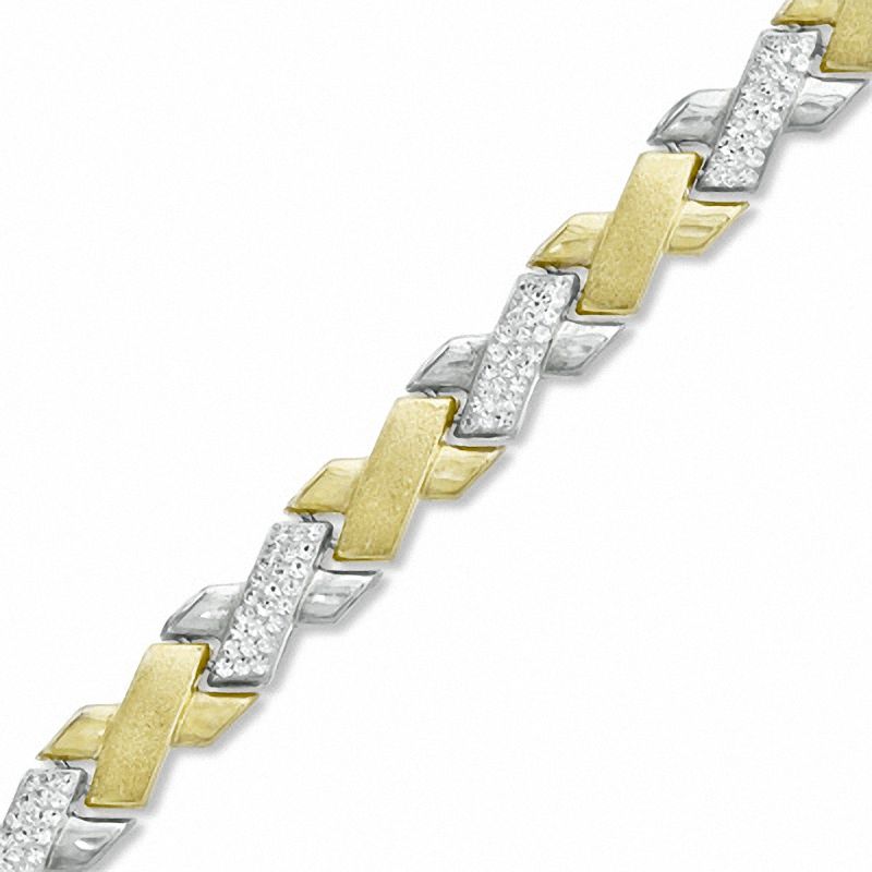 Crystal Accent Slant Stampato Bracelet in 10K Tri-Tone Gold Bonded Sterling Silver - 7.25"