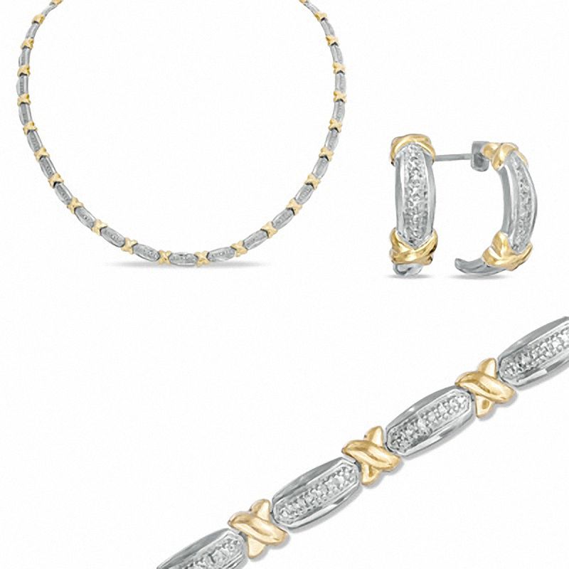 Diamond Accent "X" Collar Necklace, Bracelet and Earrings Set in Bronze and 18K Gold Plate