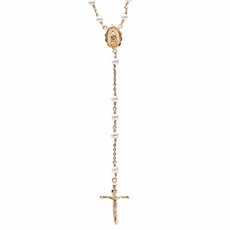 4mm Simulated Pearl Rosary Necklace in Brass with 14K Gold Plate - 26"