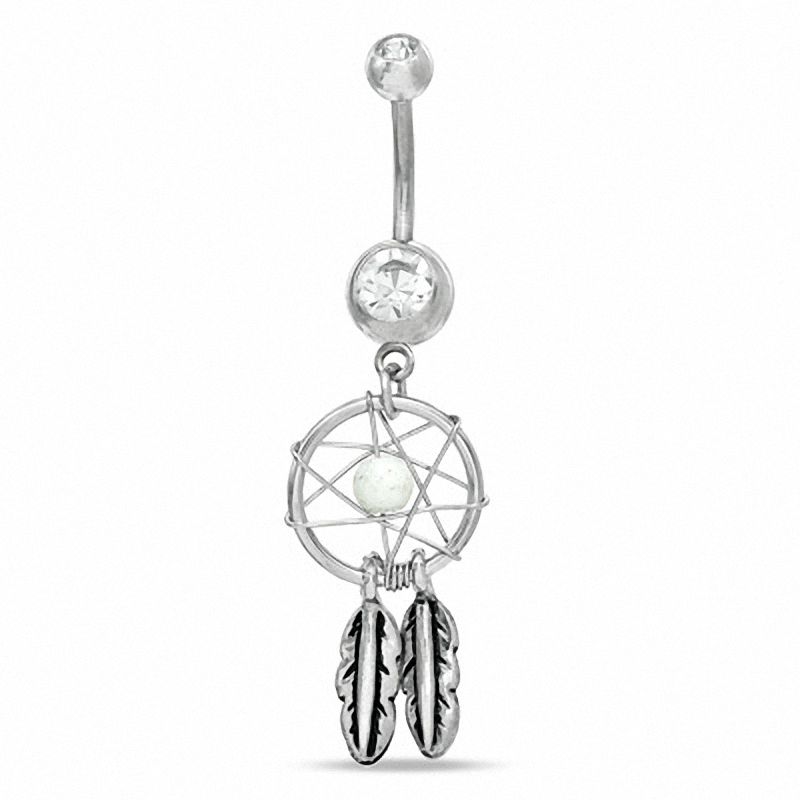 014 Gauge Dream Catcher Dangle Belly Button Ring with Crystals in Stainless Steel