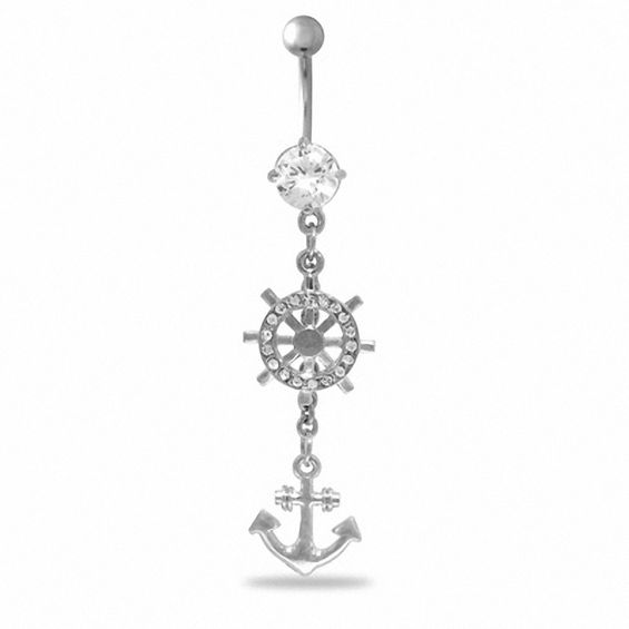 014 Gauge Dangle Belly Button Ring in Stainless Steel with Brass Anchor and Helm