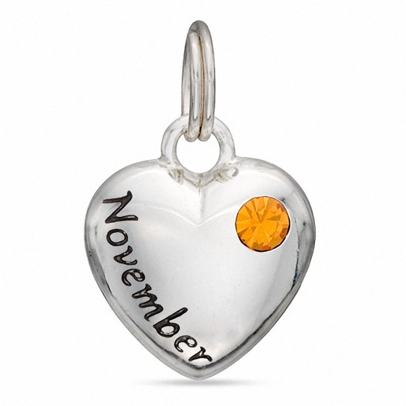 "November " Heart Charm with Yellow Crystal in Sterling Silver