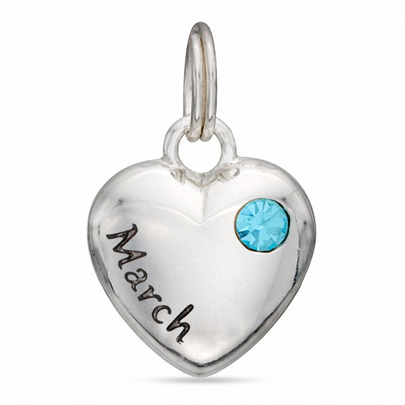 "March" Heart Charm with Light Blue Crystal in Sterling Silver