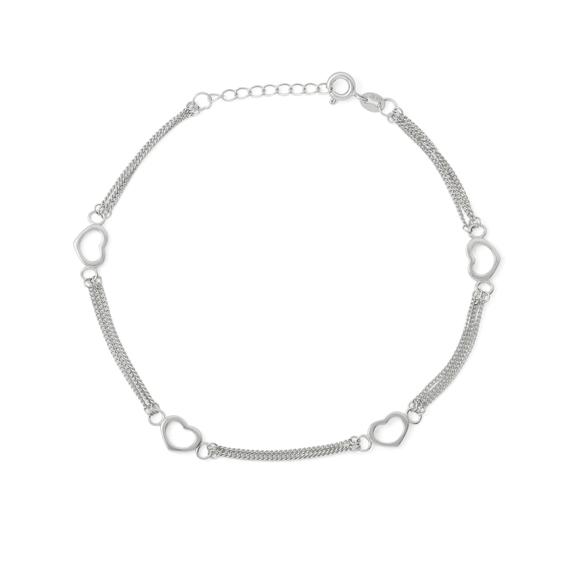 Sterling Silver Heart Station Triple Chain Anklet