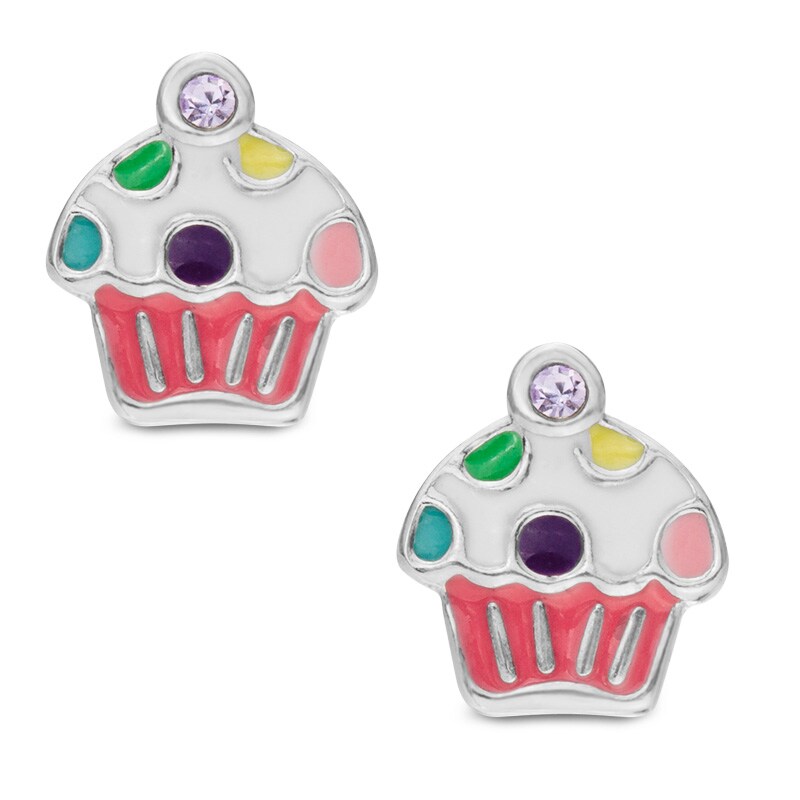 Child's Multi-Color Enamel Polka Dot Cupcake with Light Purple Crystal Stud Earrings in Sterling Silver