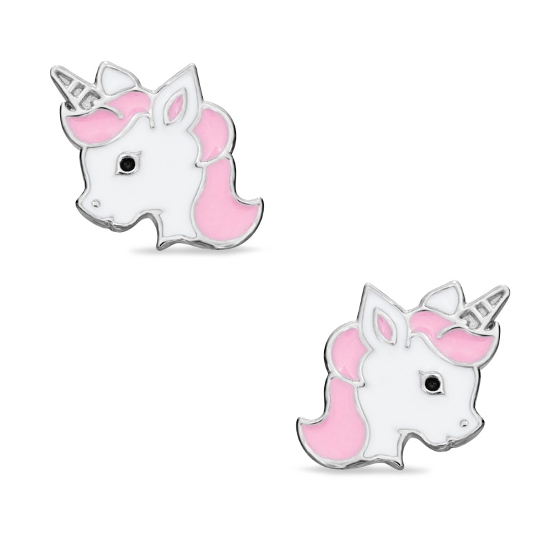 Child's Pink and White Enamel Unicorn Stud Earrings in Sterling Silver ...