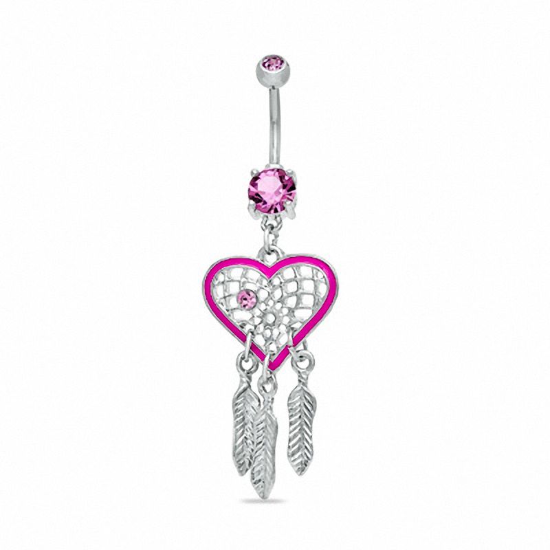 014 Gauge Heart-Shaped Pink Dream Catcher Dangle Belly Button Ring in Stainless Steel