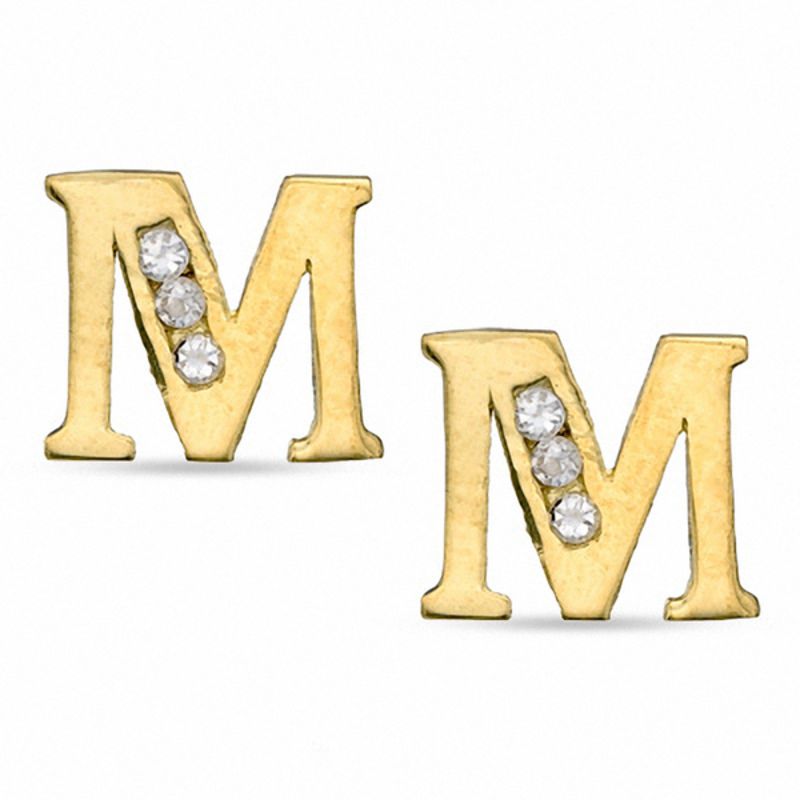 Cubic Zirconia Initial "M" Stud Earrings Set in 10K Gold