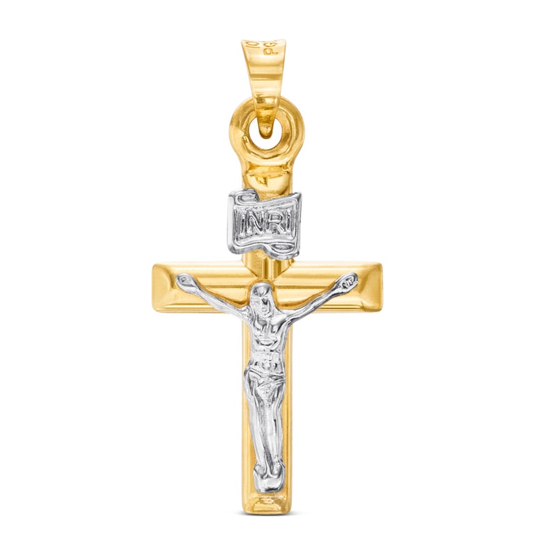 Small "INRI" Ribbon Wrapped Textured Crucifix Two-Tone Necklace Charm in 10K Gold