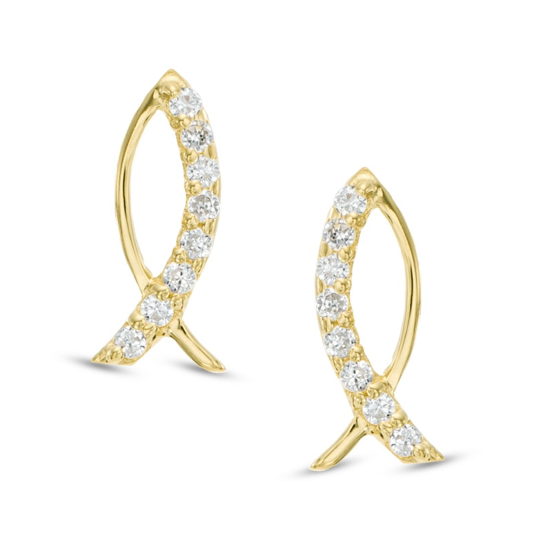 Cubic Zirconia Ichthys Drop Earrings in 10K Gold