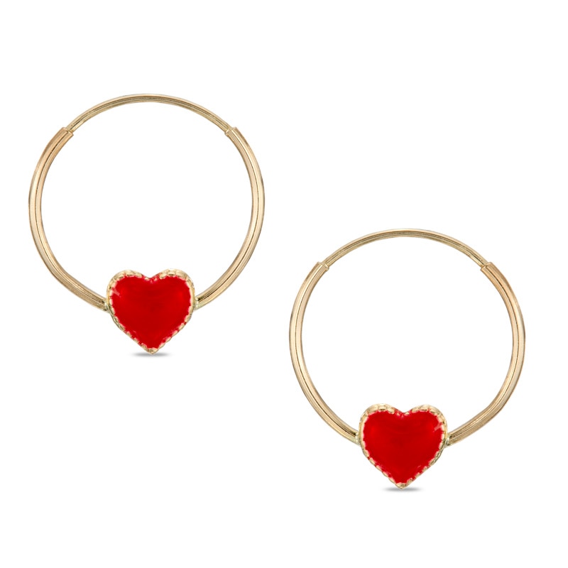 Child's Red Enamel Heart Continuous Hoop Earrings in 10K Gold