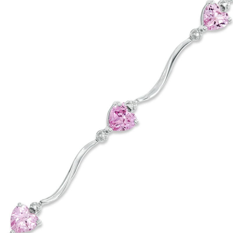 5mm Heart-Shaped Lab-Created Pink Sapphire and Diamond Accent Bracelet in Sterling Silver