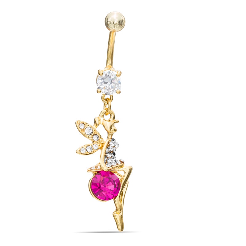 014 Gauge Belly Button Ring with Crystal Fairy Dangle in Stainless Steel with Yellow IP