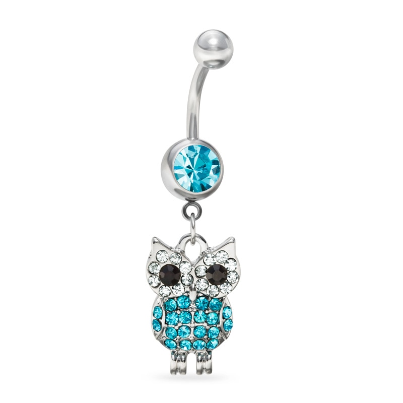 014 Gauge Belly Button Ring with Blue Crystal Owl Dangle in Stainless Steel