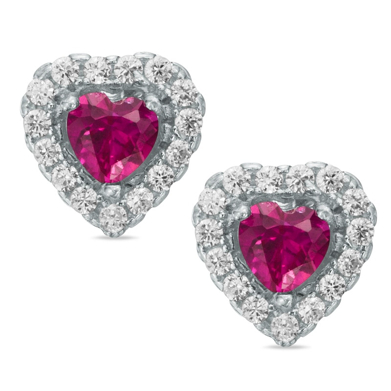 Child's 4mm Heart-Shaped Red and White Cubic Zirconia Frame Stud Earrings in Sterling Silver