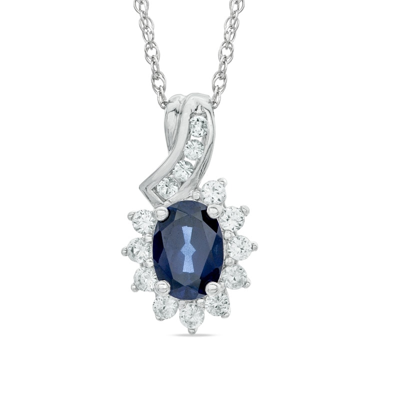 Oval Lab-Created Blue and White Sapphire Pendant in Sterling Silver