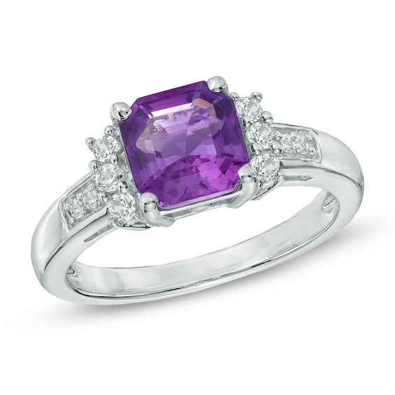 7mm Cushion-Cut Amethyst and Lab-Created White Sapphire Ring in Sterling Silver - Size 7
