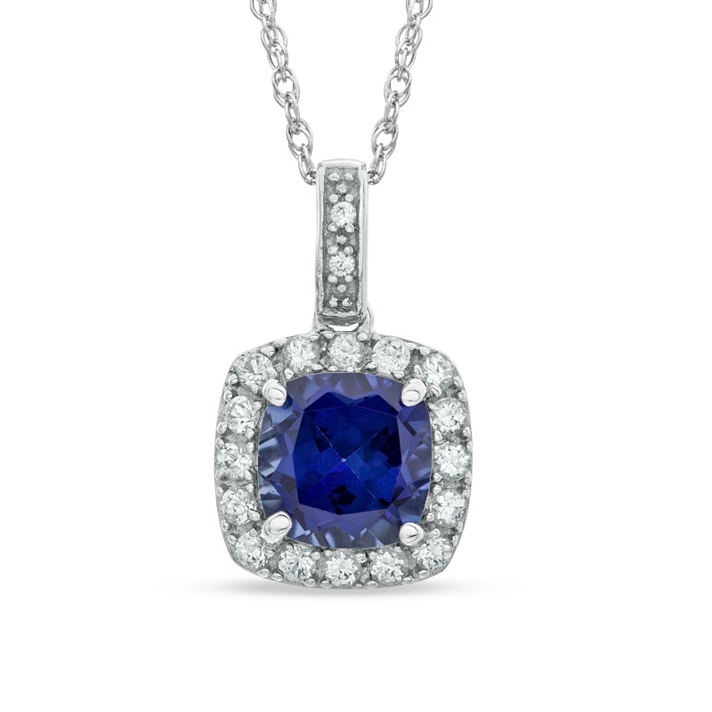 7mm Cushion-Cut Lab-Created Blue and White Sapphire Pendant in Sterling ...