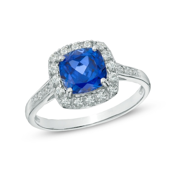 7mm Cushion-Cut Lab-Created Blue and White Sapphire Frame Ring in Sterling Silver - Size 7