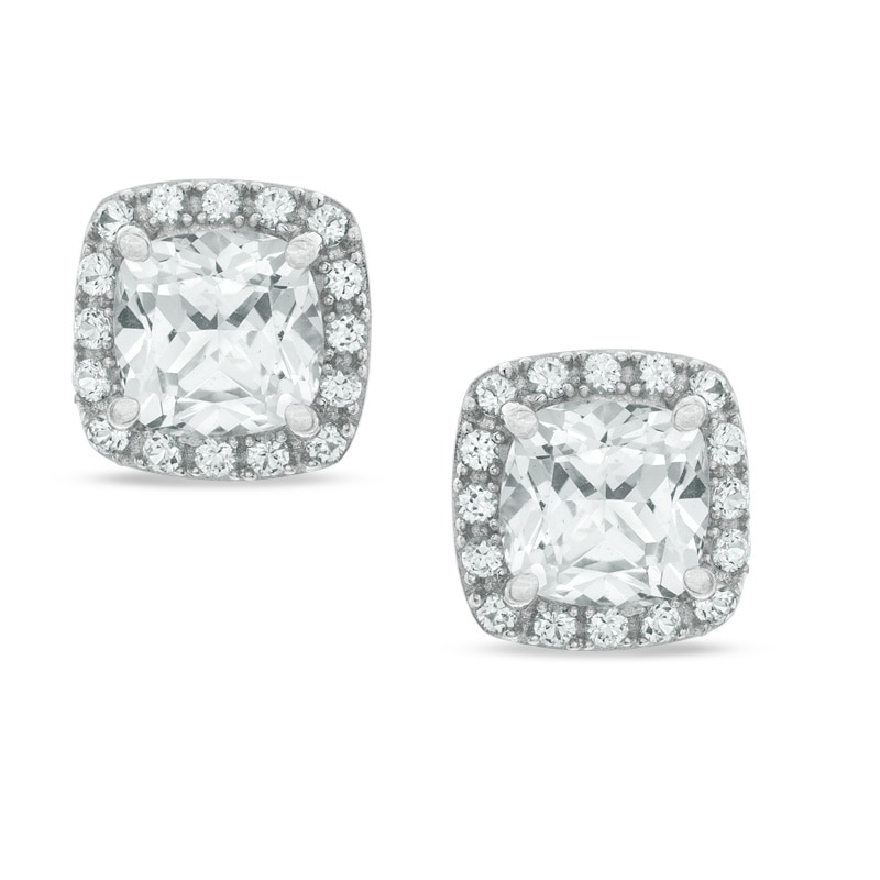 6mm Cushion-Cut Lab-Created White Sapphire Frame Stud Earrings in Sterling Silver