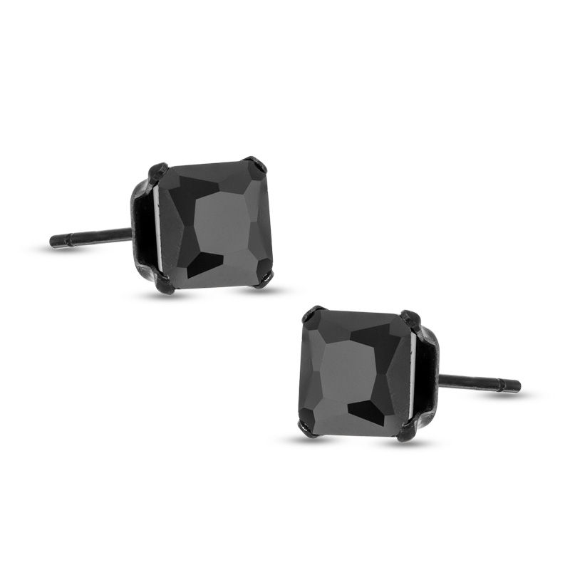 6mm Square Cubic Zirconia Stud Earrings in Black IP Stainless Steel