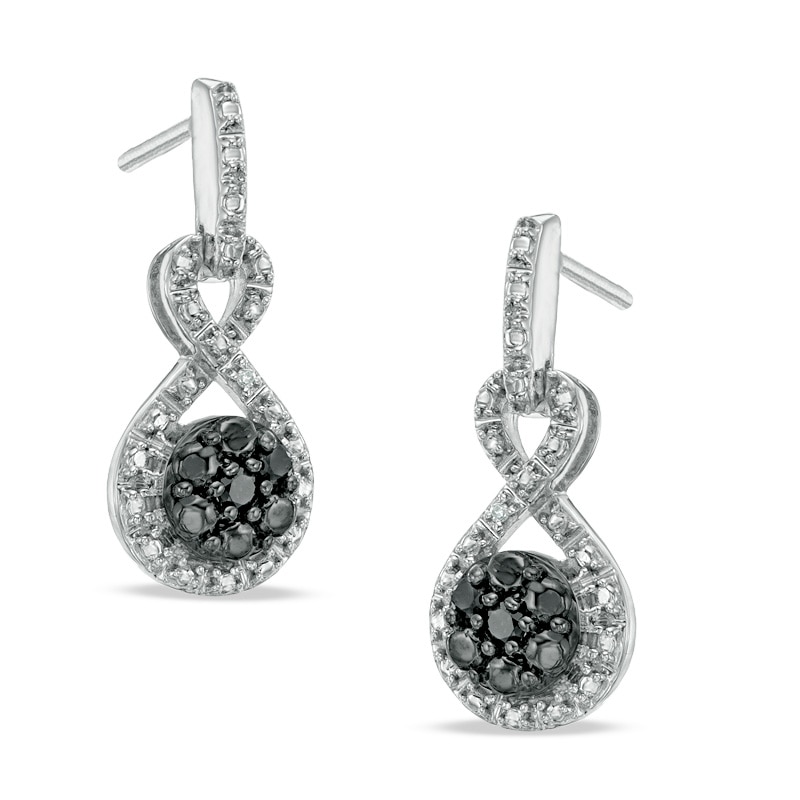 Enhanced Black and White Diamond Accent Beaded Cluster Infinity Drop Earrings in Sterling Silver