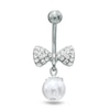 Thumbnail Image 0 of 014 Gauge Crystal Bow Belly Button Ring in Stainless Steel with 7mm Faux Pearl Dangle