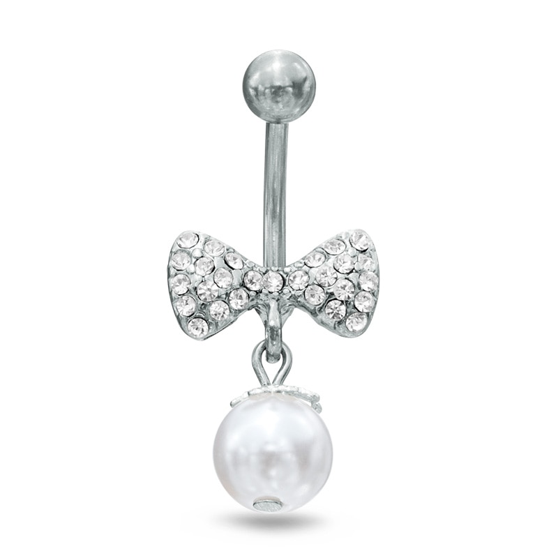 014 Gauge Crystal Bow Belly Button Ring in Stainless Steel with 7mm Faux Pearl Dangle