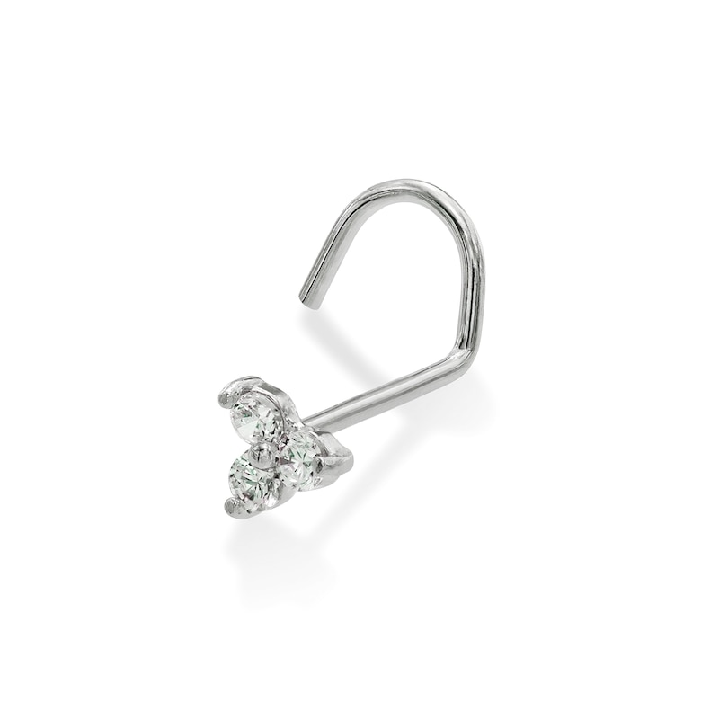 14K Solid White Gold CZ Triangle Screw Nose Stud - 22G 1/4"