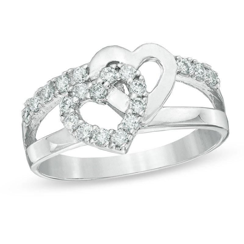 Cubic Zirconia Double Hearts Ring in 10K White Gold - Size 7