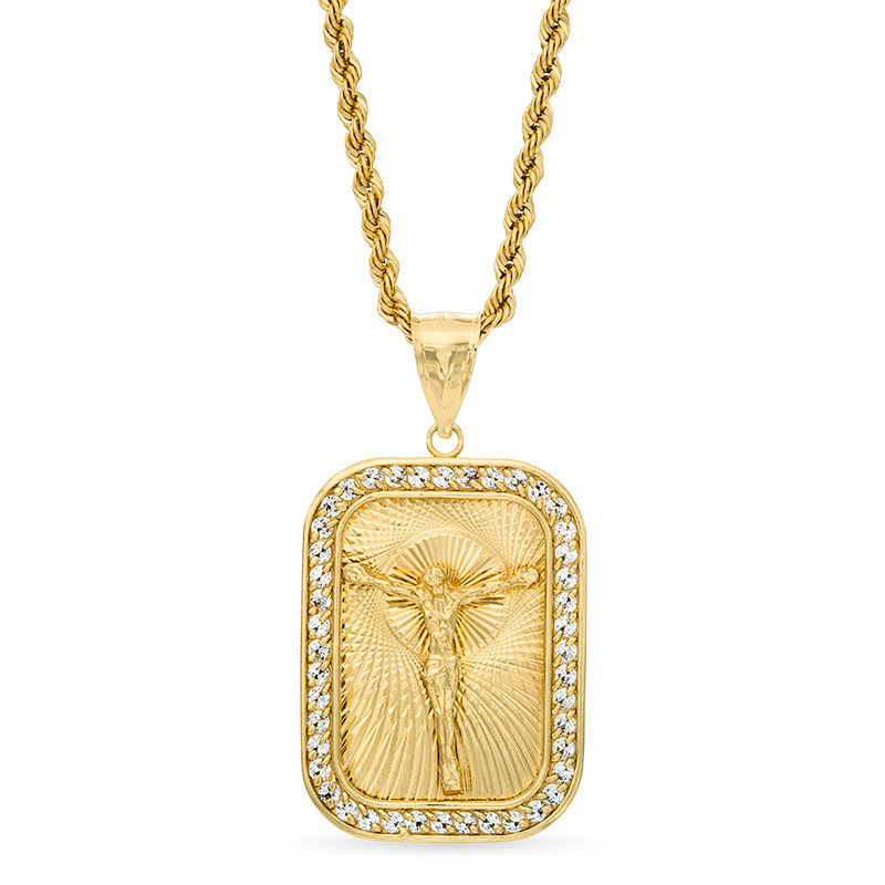 Cubic Zirconia Rectangular Crucifix Medallion Pendant in Bronze with 14K Gold Plate - 24"