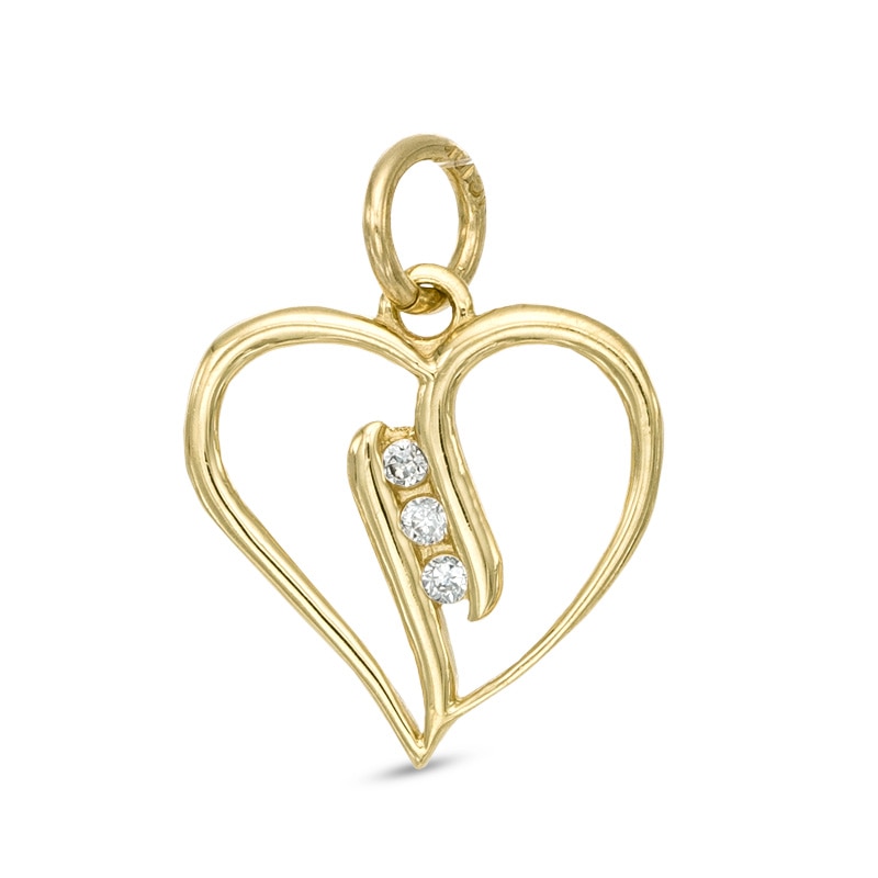 Three Stone Cubic Zirconia Heart Necklace Charm in 10K Gold