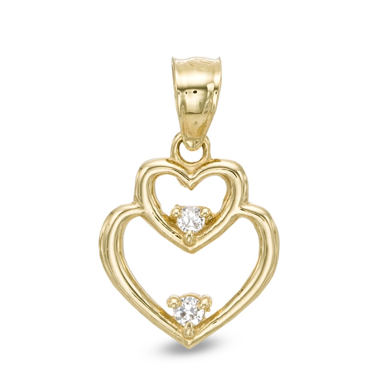 Cubic Zirconia Stacked Double Heart Necklace Charm in 10K Gold