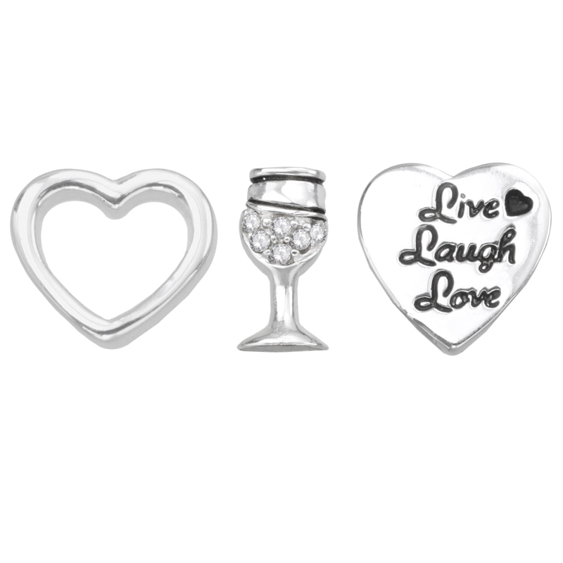 Floating Lockets Heart, Crystal Champagne Glass and "Live Laugh Love" Heart Charms in White Brass