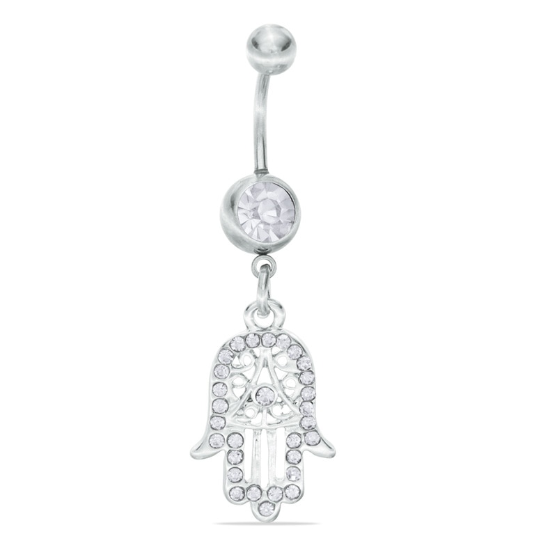 014 Gauge Belly Button Ring with Crystal Hamsa Dangle in Stainless Steel