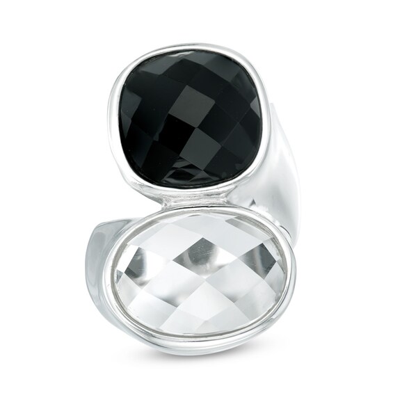Cushion-Cut Onyx and Simulated White Quartz Checkered Bypass Ring in White Rhodium Brass - Size 7