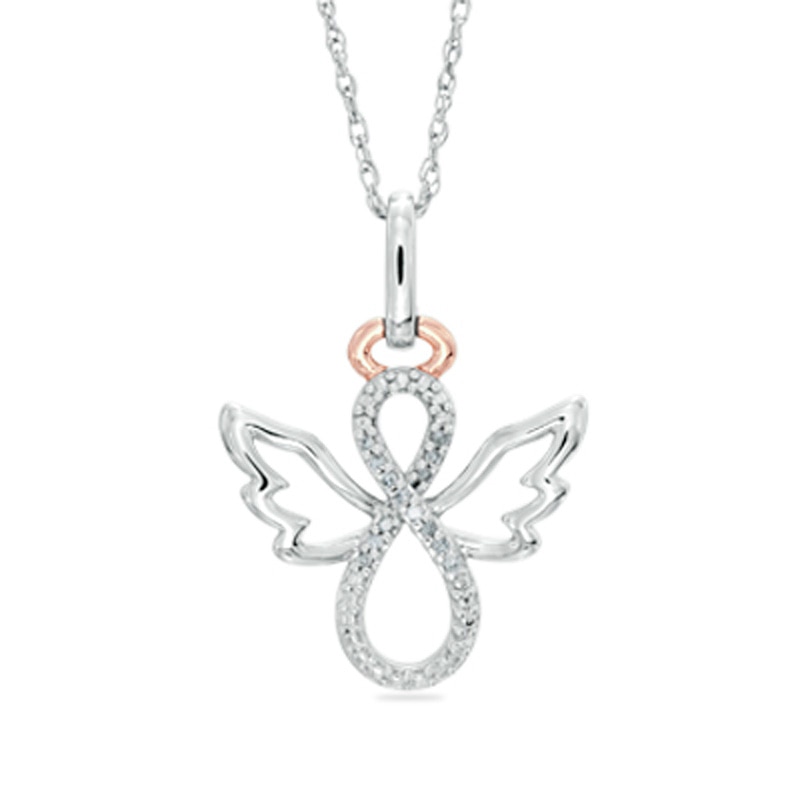 Diamond Accent Angel with Wings Pendant in Sterling Silver and 14K Rose Gold Plate
