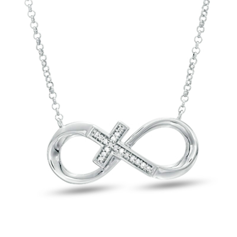 Diamond Accent Sideways Infinity with Cross Pendant in Sterling Silver - 17"