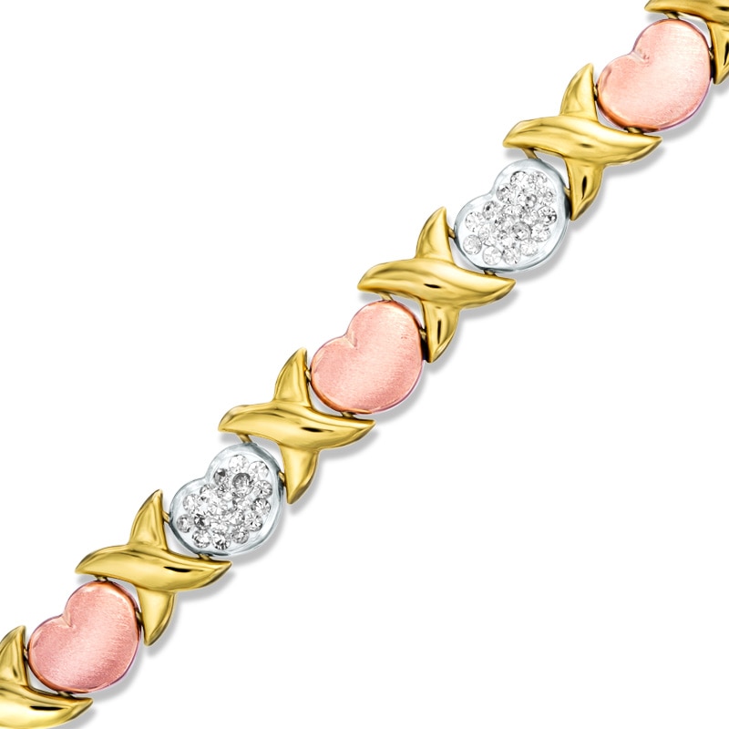 Crystal "X" and Heart Stampato Bracelet in 10K Two-Tone Gold Bonded Sterling Silver - 8"