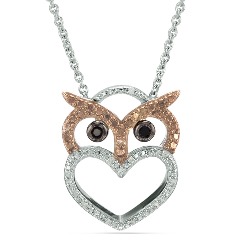 Enhanced Black, Champagne and White Diamond Accent Beaded Owl Heart Pendant in Sterling Silver