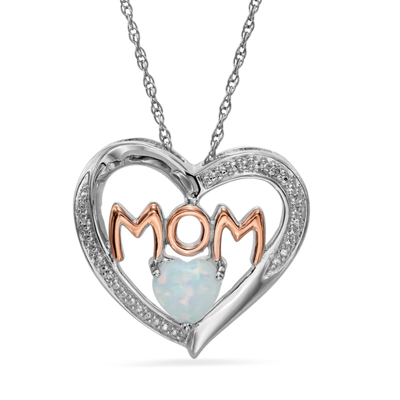 4mm Heart-Shaped Lab-Created Opal and Diamond Accent "MOM" Heart Pendant in Sterling Silver and 14K Rose Gold Plate