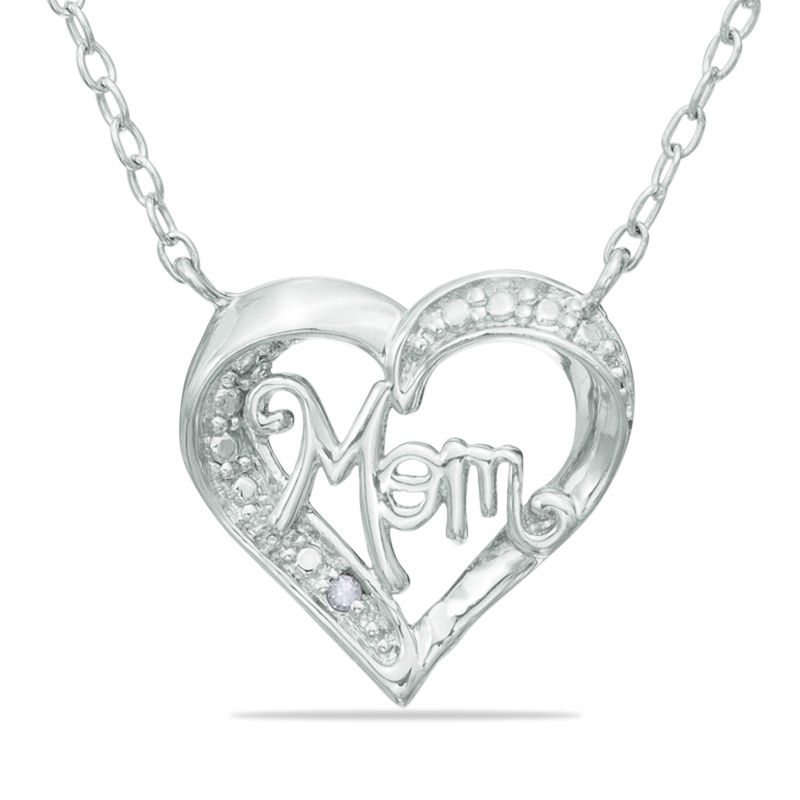 Diamond Accent Heart with "Mom" Pendant in Sterling Silver